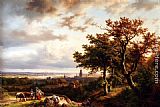 A Panoramic Rhenish Landscape With Peasants Conversing On A Track In The Morning Sun by Barend Cornelis Koekkoek